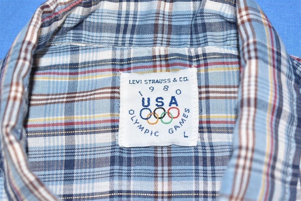 80s Levis Blue white Gold Lined Plaid Button Down Shirt product image 4