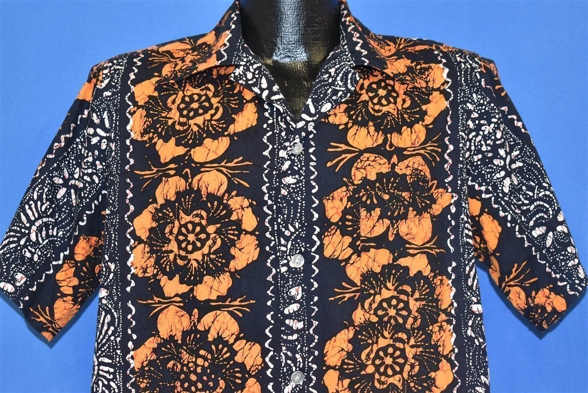 70s Hukiloau Fashions Black Orange Aloha Shirt Medium product image 1