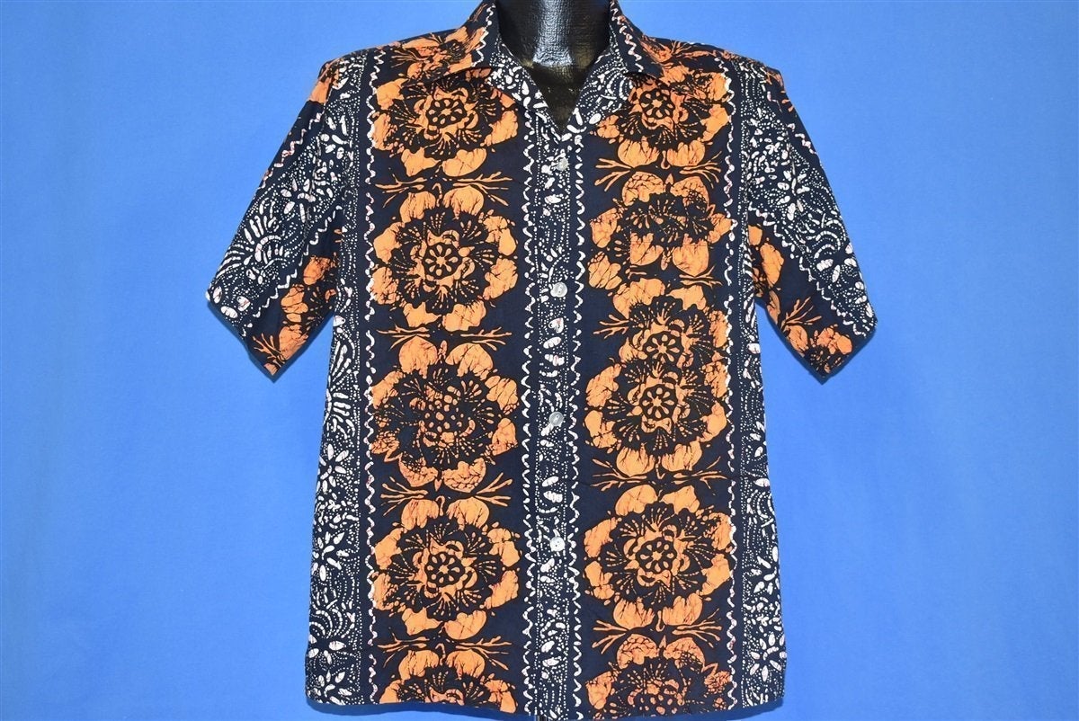 70s Hukiloau Fashions Black Orange Aloha Shirt Medium product image 2