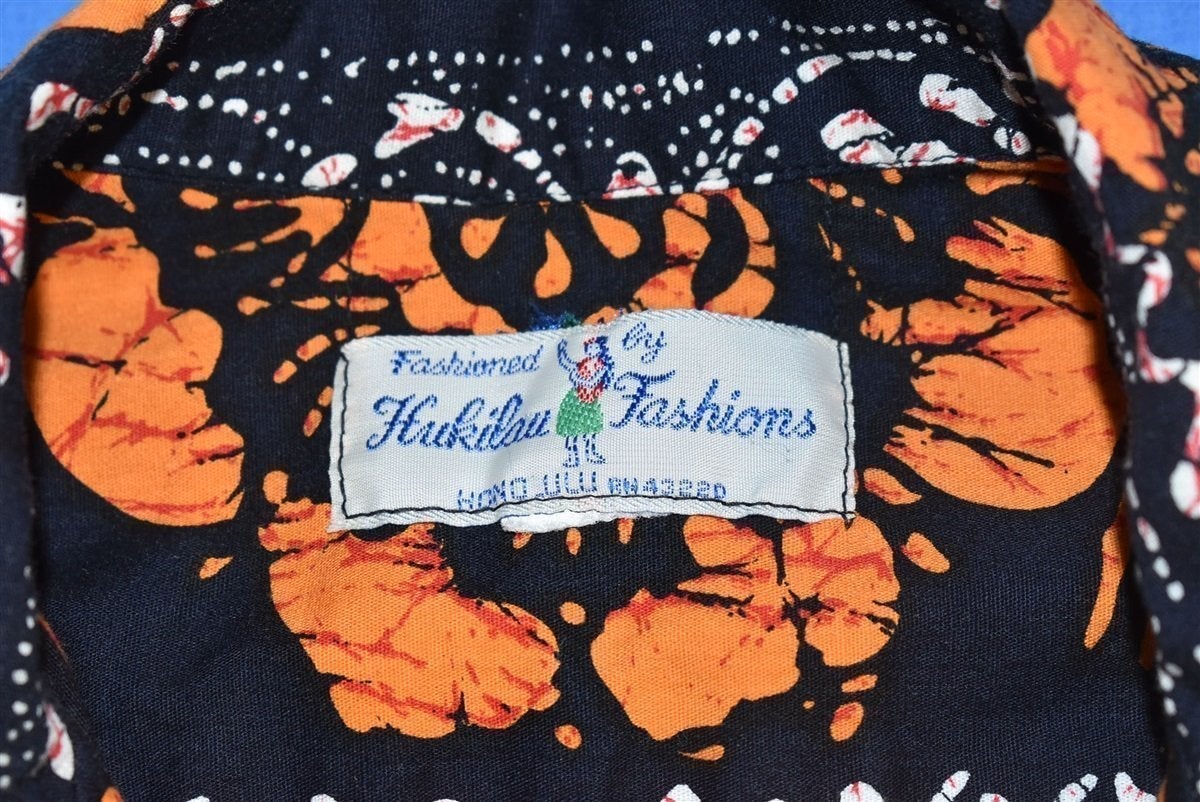 70s Hukiloau Fashions Black Orange Aloha Shirt Medium product image 4
