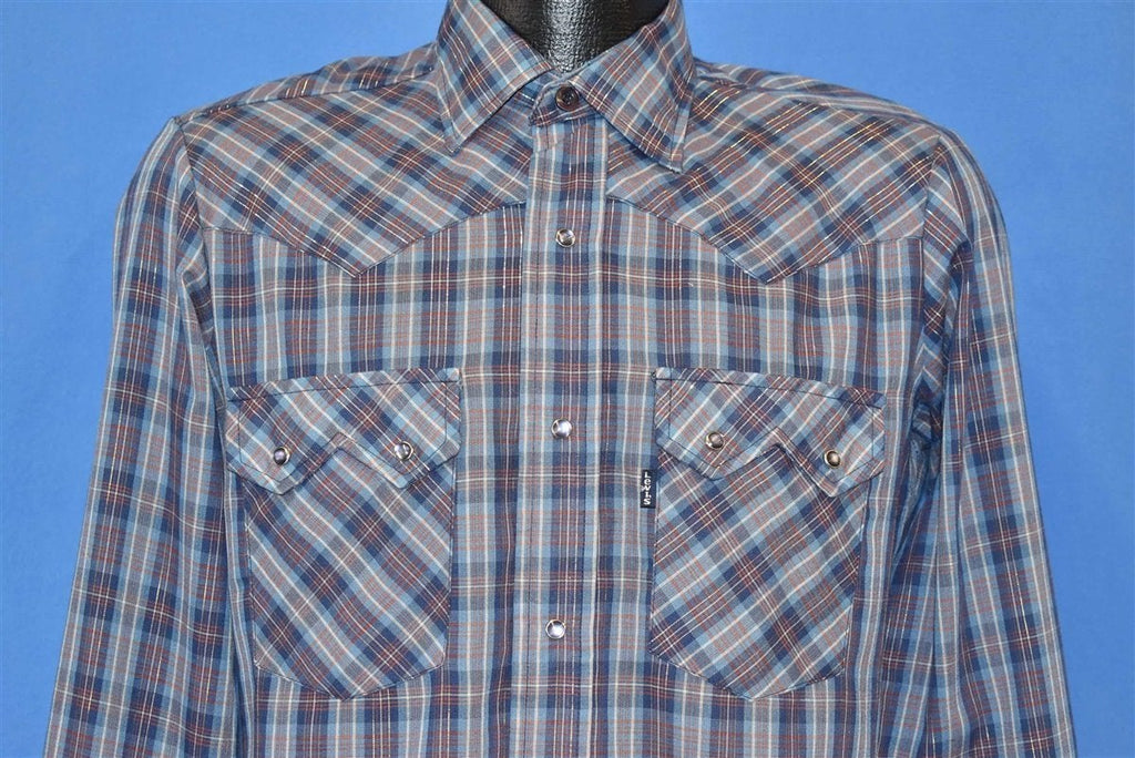 80s Levis Blue Red Silver Western Plaid Pearl Snap Shirt product image 1