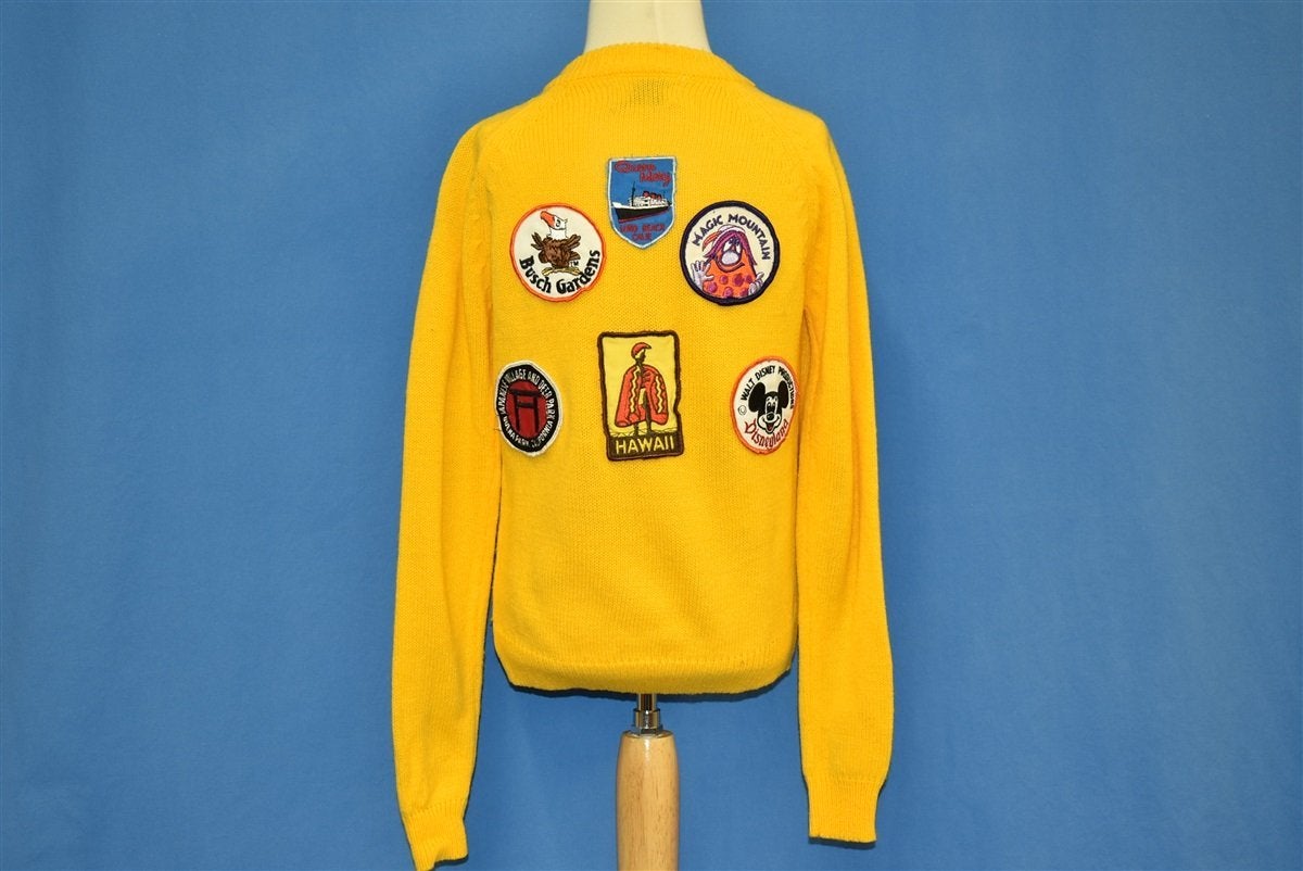 60s Yellow Travel Patches Vacation Sweater Youth Medium