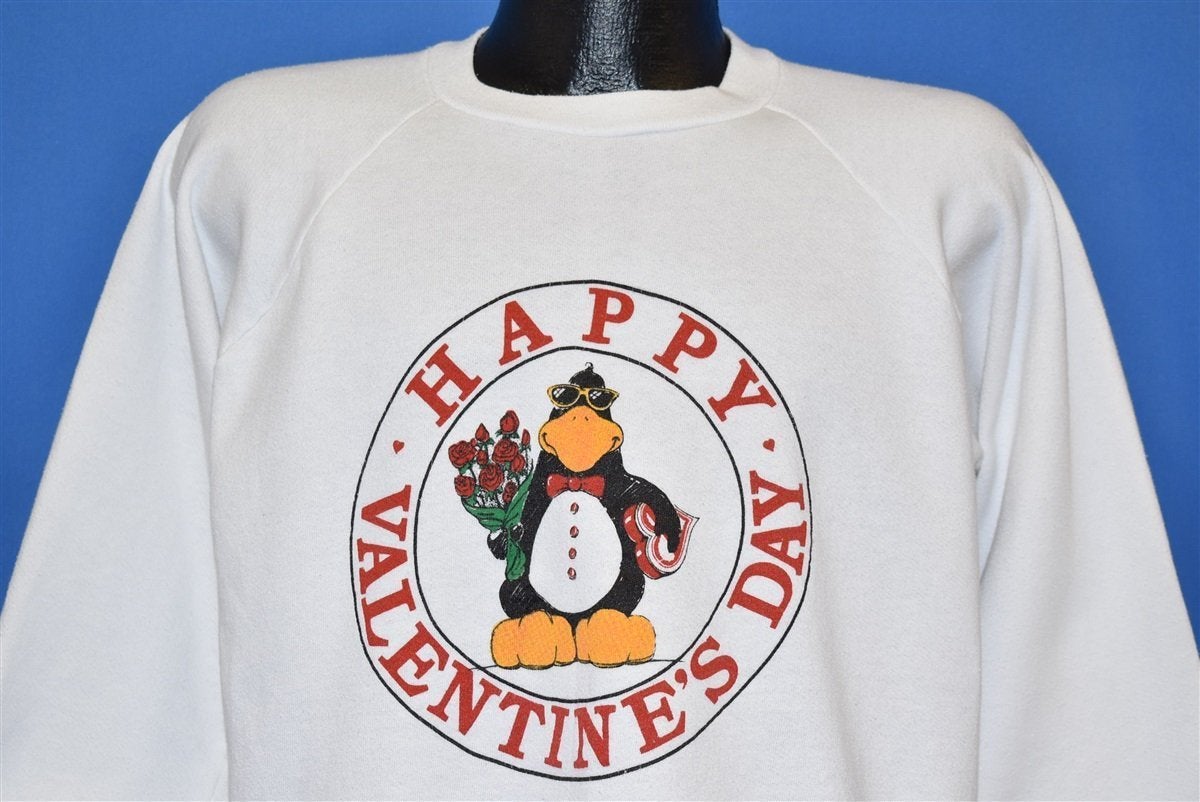 80s Happy Valentine's Day Penguin Roses Sweatshirt Large product image 1