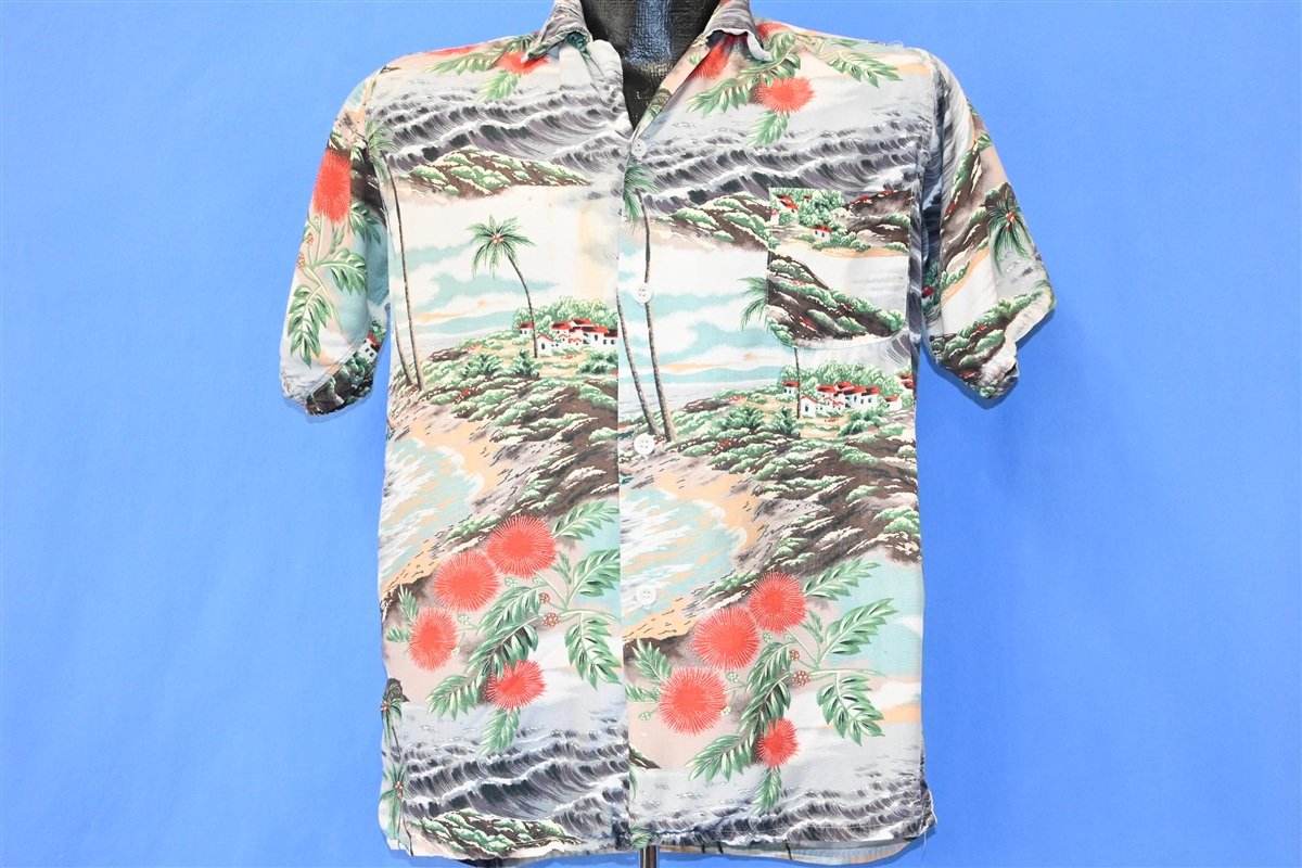 60s Beach Scene Palm Trees Button Down Hawaiian Shirt Medium product image 2