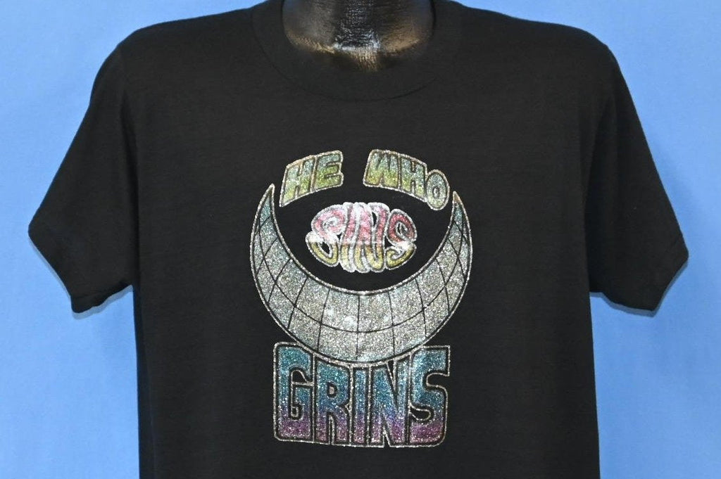 80s He Who Sins Grins Glitter Iron On Funny t-shirt Extra product image 1