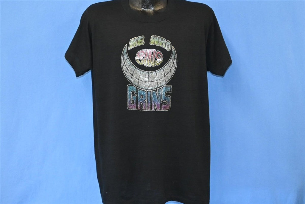 80s He Who Sins Grins Glitter Iron On Funny t-shirt Extra product image 2