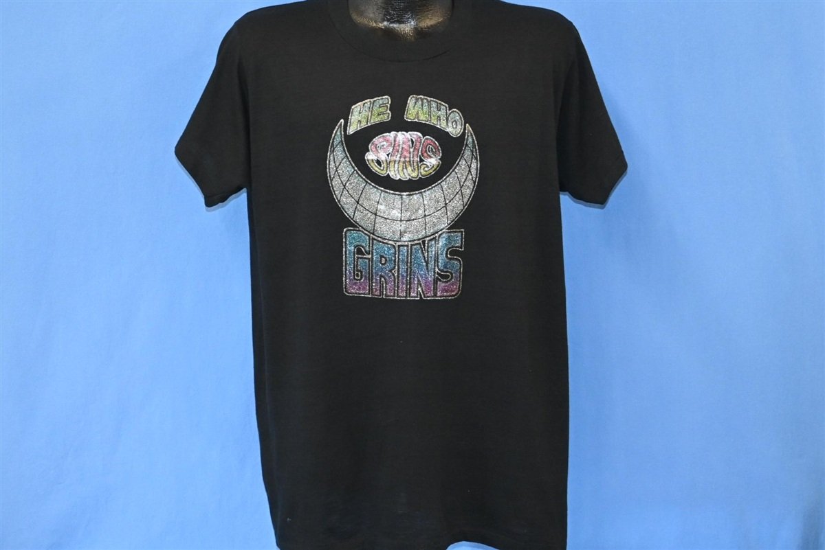 80s He Who Sins Grins Glitter Iron On Funny t-shirt Extra product image 2
