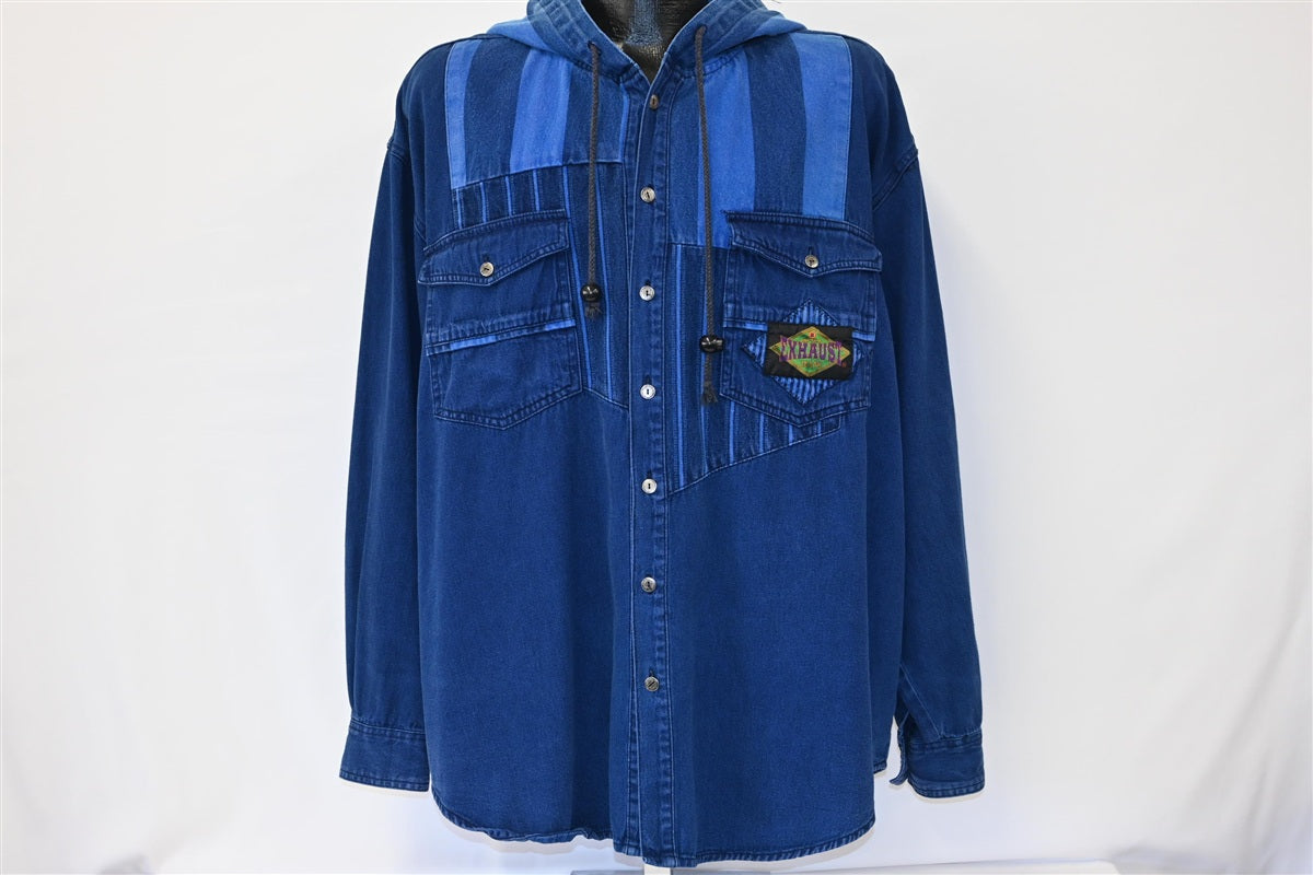 90s Exhaust Jeans Denim Hooded Button Down Shirt Extra Large product image 2