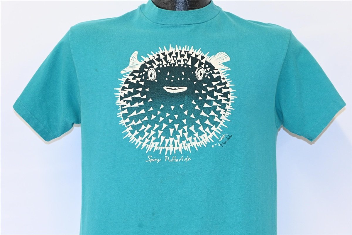 80s Spiny Puffer Porcupinefish Puffy Paint Teal t-shirt product image 1